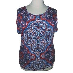 WESTPORT Women 1X Hippie Boho Dolman Sleeve Americana Bandana Top Red Blue White